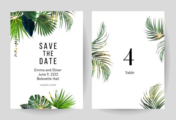 Tropical flowers and leaves vector design cards. Sun rays light, sunset palm leaves, emerald monstera, jungle palm vector art illustration