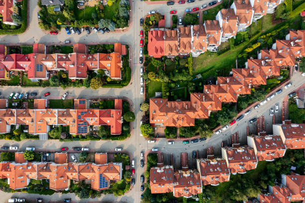 istock Row houses with red roofs, aerial view 2187466194