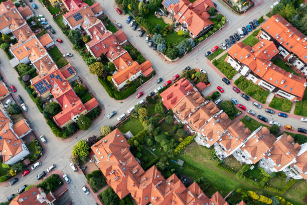 istock Row houses with red roofs, aerial view 2187466883