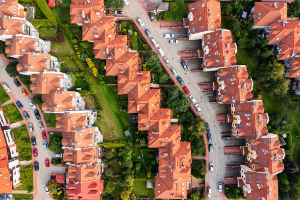 istock Row houses with red roofs, aerial view 2187467179
