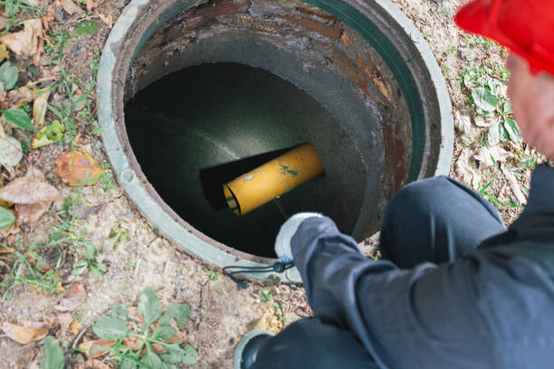 istock A worker with a flashlight inspects an open sewer manhole. Septic tank maintenance, sewage pumping 2187470081
