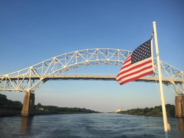 istock American flag flying on a boat with a bridge 2187472182