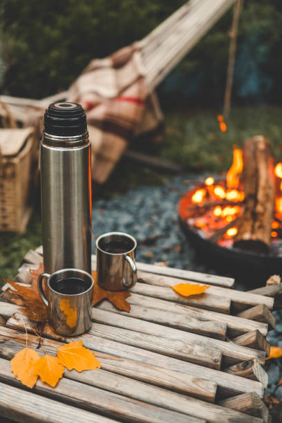 A cozy autumn campfire burning brightly among fallen leaves in a forest clearing. The warm flames illuminate the surrounding trees, creating a peaceful and inviting atmosphere