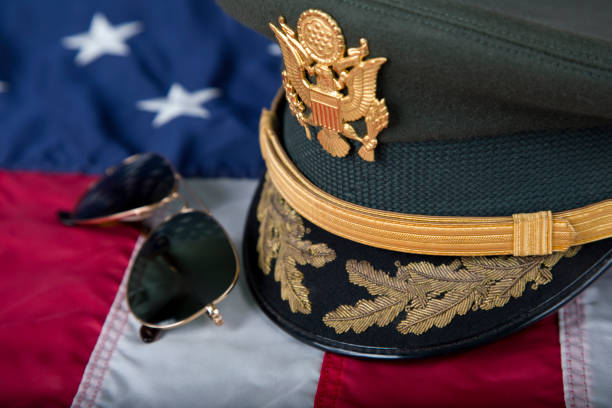 istock Army Service Dress Cap with sunglasses close up 2187473484