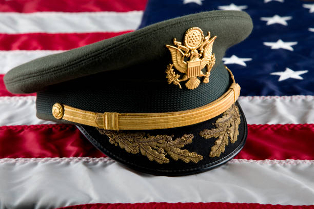 istock Army Service Dress Cap, American Flag background 2187473526