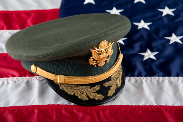 U.S. Army Officer’s Class A Green Dress Hat, high ranking officer Colonel or General resting on an American Flag background.
