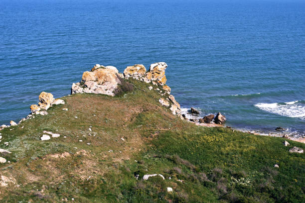 Blue sea shore with rocks and green grass, Crimea