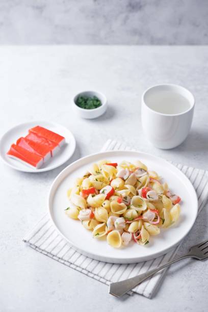 Imitation crab sticks pasta in a plate