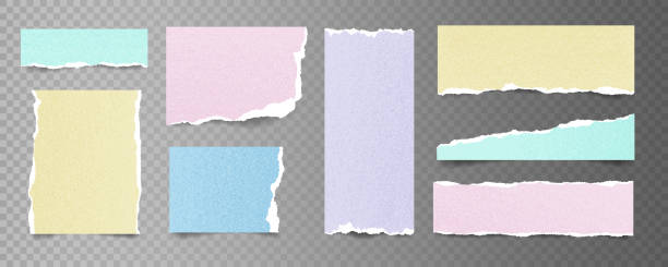 Set of Realistic textured ripped paper fragments with torn edges Set of Realistic textured ripped paper fragments with torn edges. Note paper pieces for design. Template for scrapbooking, collage, social media colorful page borders stock illustrations