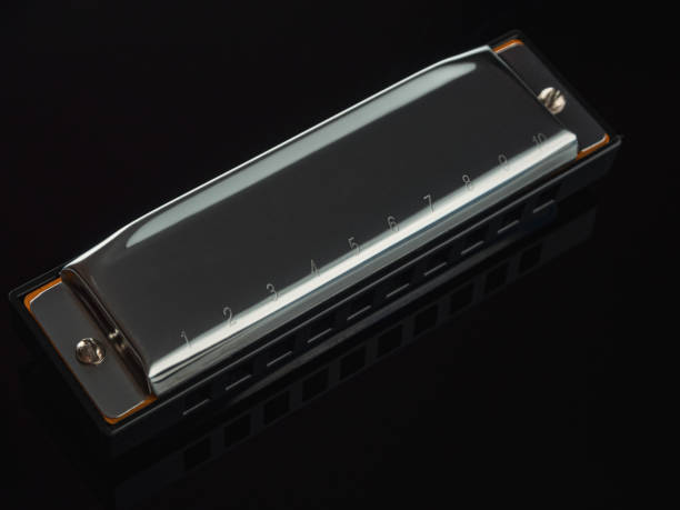 istock Close-up of a harmonica on a dark background. The instrument features a sleek and classic design with a shiny metal body and neat playing holes. Details such as engraved lettering and material texture are visible, highlighting the high quality craftsmansh 2187490599