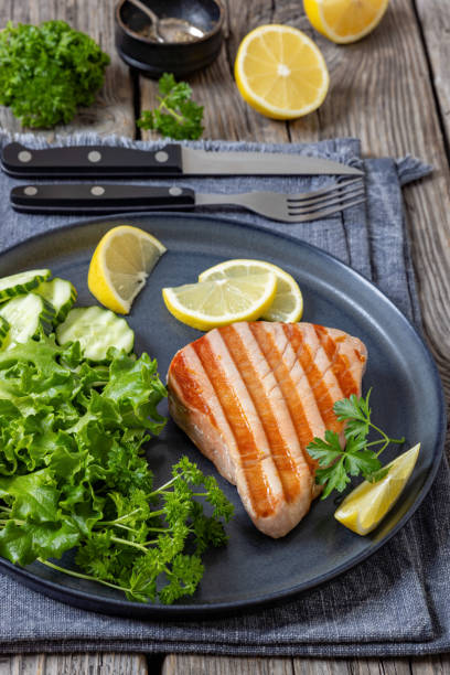 istock grilled tuna steak on a plate, top view 2187500441