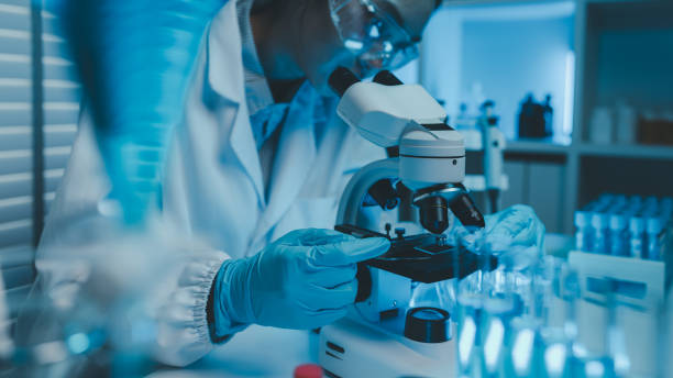 istock a chemist examines a sample of a liquid in a laboratory, a laboratory filled with scientific experiment equipment, microscope, female scientist, female chemist, researcher is searching for scientific 2187515074