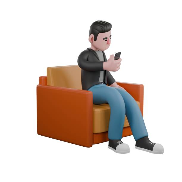 istock Creative 3D Model. A male screenwriter sits on a sofa with his right hand playing with his cellphone. Artistic Illustration 2187515475
