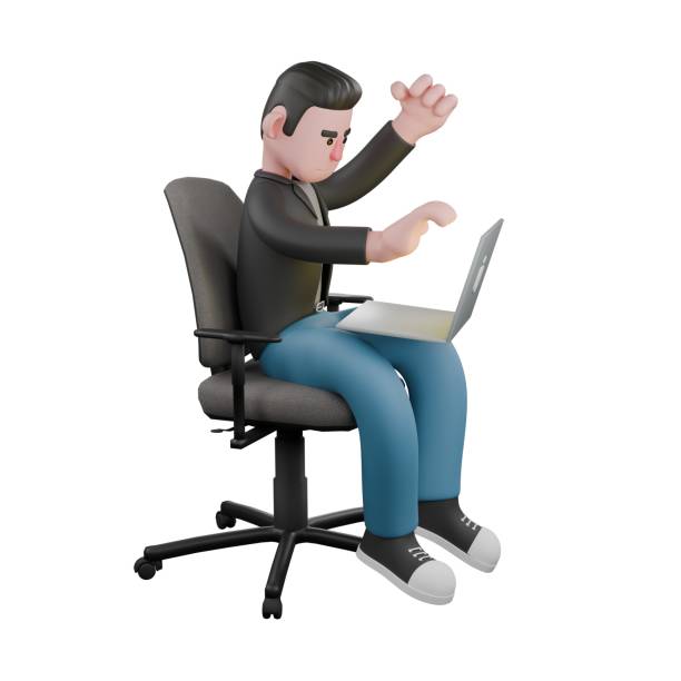 istock 3D Screenwriter Character. A male screenwriter sits on a chair with a laptop on his lap, while his right hand seems to want to close the laptop and his left hand is clenched. Illustration Design 2187515532