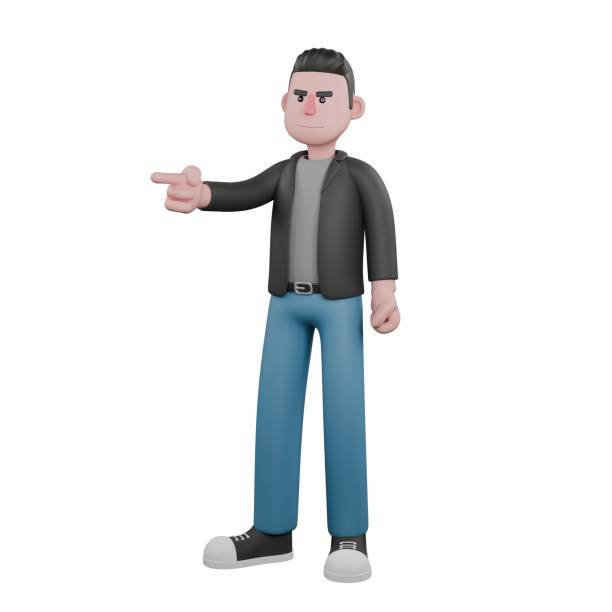 istock Creative 3D Model. A male screenwriter stands with his right hand pointing to the right side and clenching his left hand. 3D Artistic Model 2187515596