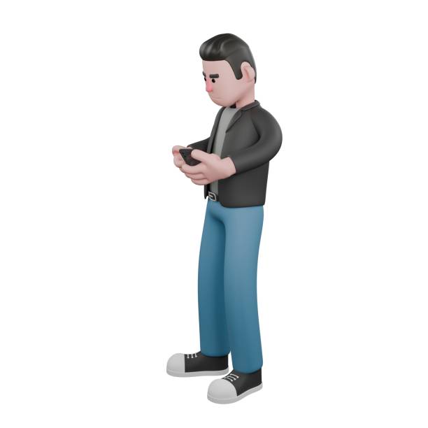 istock 3D Screenwriter Character. A male screenwriter stands facing right with both hands holding a cell phone. Screenwriter Character 2187515600