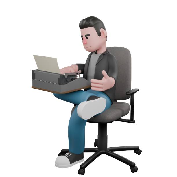istock 3D Screenwriter Character. A male screenwriter sits on a chair with a typewriter on his lap while holding it with both hands. Model Design 2187515674