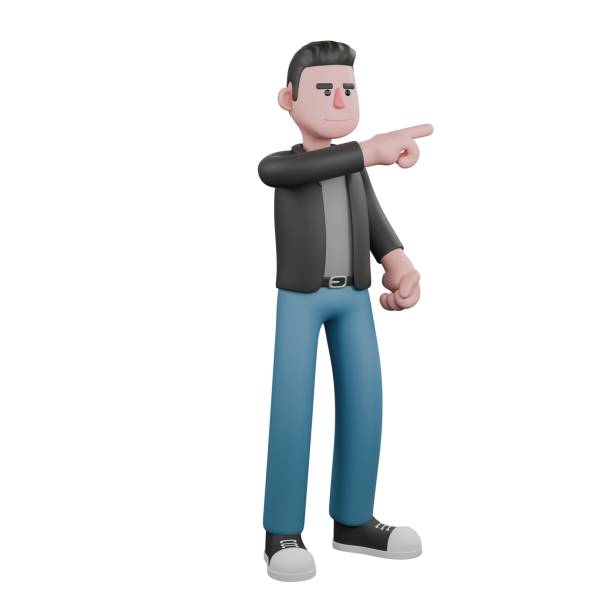 istock Creative 3D Model. A male screenwriter stands with his right hand pointing to the left, and his left hand clenched. 3D Design 2187515675