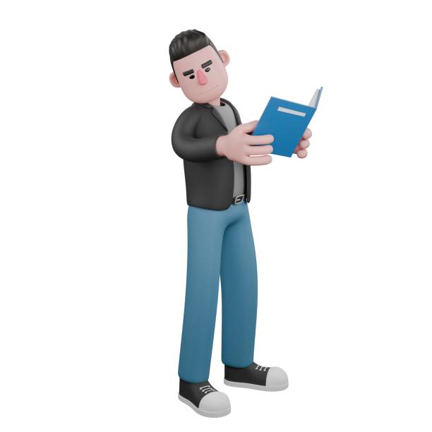 istock Creative 3D Model. A male screenwriter stands facing left with both hands holding an open book. Screenwriter Character 2187522167