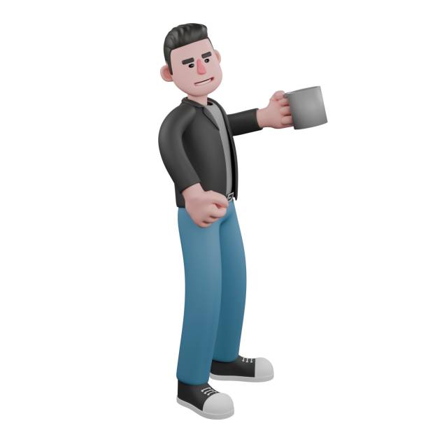istock 3D Screenwriter Character. A male screenwriter stands with his left hand holding a cup of coffee and his right hand clenched beside his body. Artistic Illustration 2187522278