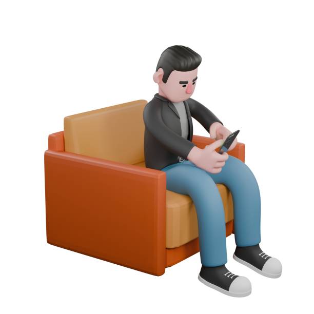 istock Creative 3D Model. A male screenwriter sits on a sofa with both hands playing with the cellphone he is holding, expression focused. Screenwriter Character 2187522282