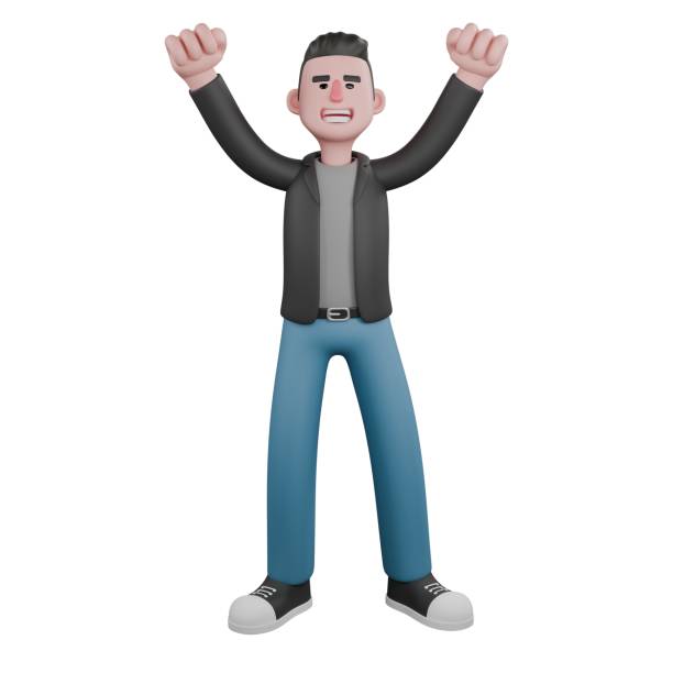 istock 3D Screenwriter Character. A male screenwriter stands with both hands clenched above, expression joyful. Artistic Illustration 2187522991