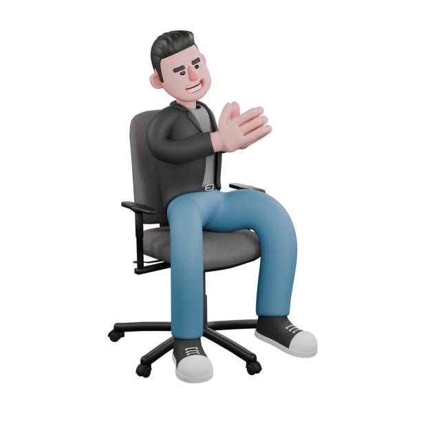 istock 3D Screenwriter Character. A male screenwriter sits on a chair with both hands clapping, expression happy. Artistic Illustration 2187523095