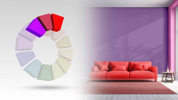 Digitally generated bright daytime view of a retro-inspired living room corner with a grey sofa, lounge chair and footstool arranged around a round coffee table. A wood sideboard and record console display graphic prints and vinyl records against a soft yellow wall and warm wood flooring. No people.