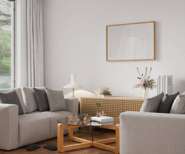istock Interior living room mockup, one frame, poster empty in home design, interior design element mockup, blank frame 3d render 2187534018