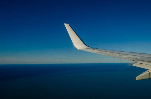 Serene view from an airplane wing over a vast blue sky and ocean horizon. This minimalist travel photo captures the calm and freedom of flight, ideal for aviation, travel, or lifestyle themes