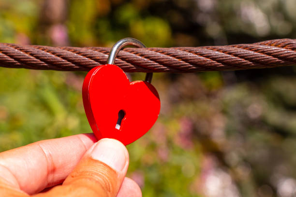 A hand holding a red heart with a keyhole in it. The heart is attached to a chain