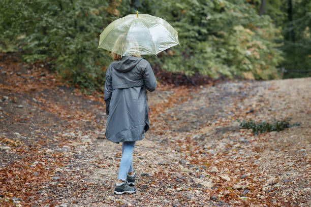 Shy Young Man Hiding Behind Blue Umbrella And Enjoying Rainy Autumn Day Outdoors
