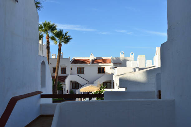 White apartment with a balcony, palm trees and views of the Atlantic ocean and La Gomera island. Against the blue sky. Tenerife. Spain.