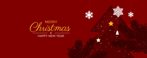 istock Red christmas tree in paper cut style with snowflake on a red background 2187558261