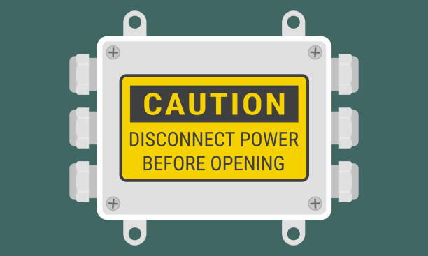 White cable junction box with yellow caution sign White cable junction box with caution sign "Disconnect power before opening". Flat style vector illustration pvc flange stock illustrations