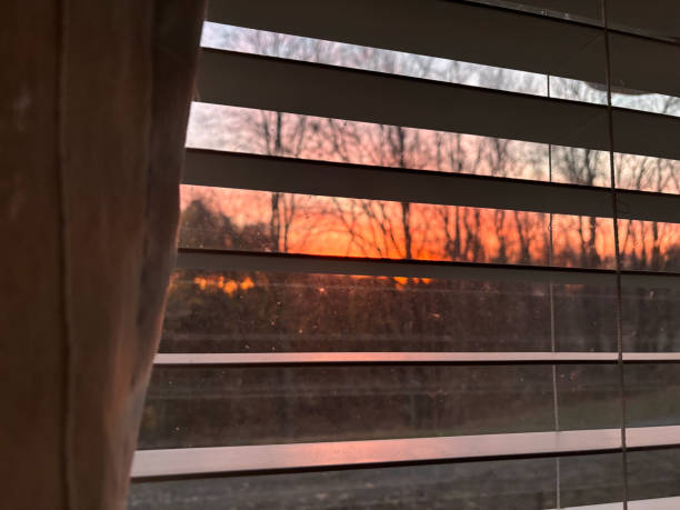 istock Looking through window blinds at red sunrise through trees -2 2187572684