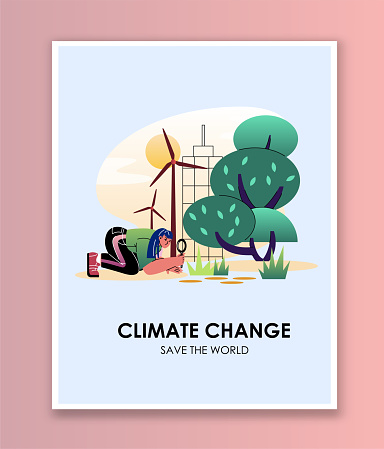 Clean Wind Poster Climate Change Poster Woman With Magnifying Glass Evaluates Windmills ...