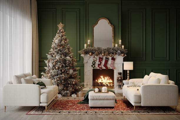 istock Elegance Christmas living room interior with white sofas, carpet, fireplace and green Christmas tree and decoration. 3D render image. 2187600519
