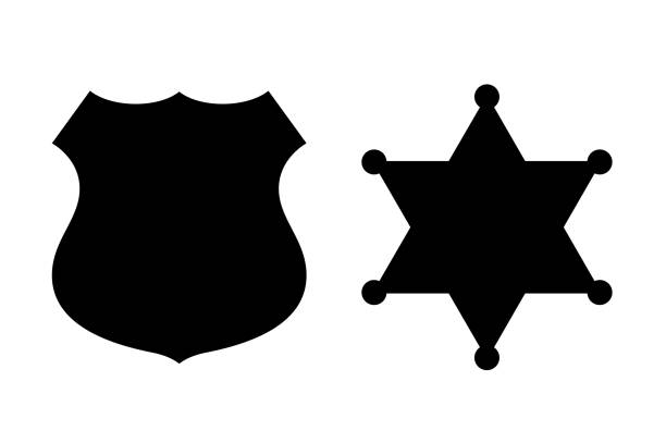 ilustraciones, imágenes clip art, dibujos animados e iconos de stock de iconos de insignias de policía y sheriff, símbolos de formas simples - cuerpo de policía