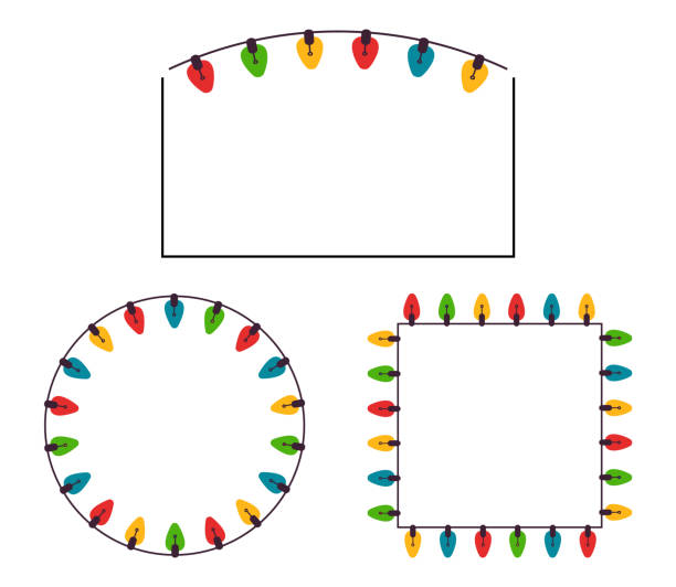 istock Festive Frame Set, cute coloured light garland, decorative bright ornamental line border collection, flat design graphic, circle, square, rectangle shape for card, web project. Vector 2187604508