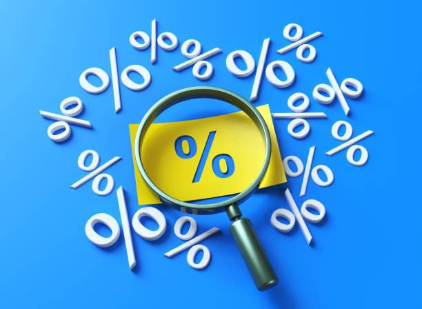 istock Yellow 3d sign percent discount on Blue background. 2187609824