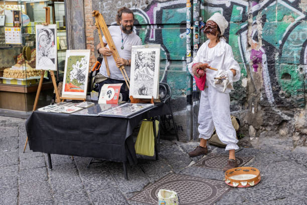 13.09.2024: Italy. Naples. Street theatre performance with the character of Pulcinella.