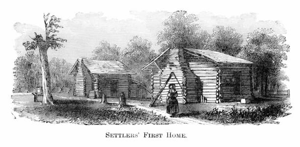 A woman walks past log cabins in Colonial America. Illustration published 1882. Copyright expired; artwork is in Public Domain.
