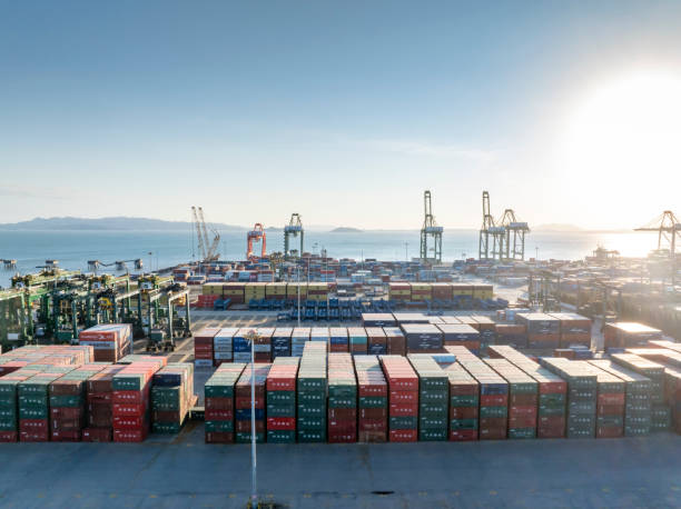 istock Containers placed on the commercial dock at the seaside 2187643394