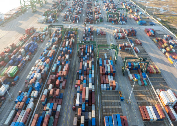 istock Aerial view of containers placed on the dock 2187643411