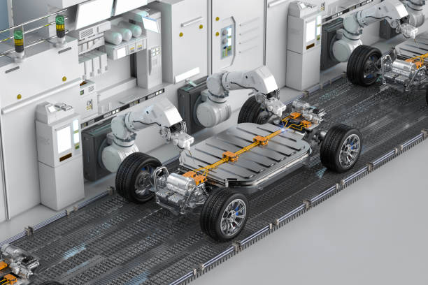 istock Robot assembly line with ev car battery on undercarriage platform 2187644071