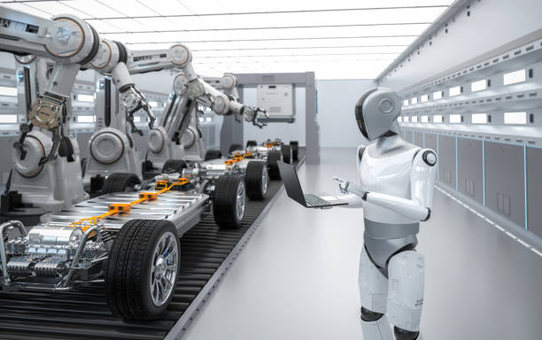 istock Robot assembly line manufacture ev car controlled by humanoid cyborg 2187644122
