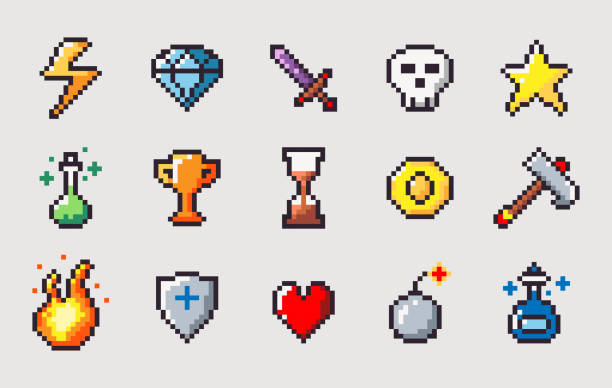 retro pixel-art spiel icons sammlung - pixel art stock-grafiken, -clipart, -cartoons und -symbole