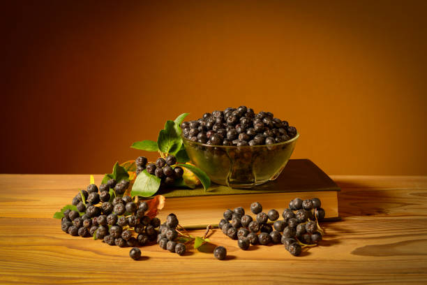 Freshly picked aronia in a glass jar, a book in the studio on a wooden table