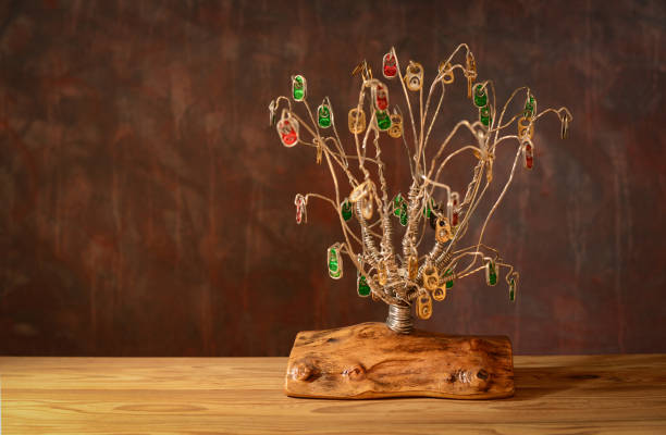 Still life, wood from aluminum wire, handmade in studio on wooden table